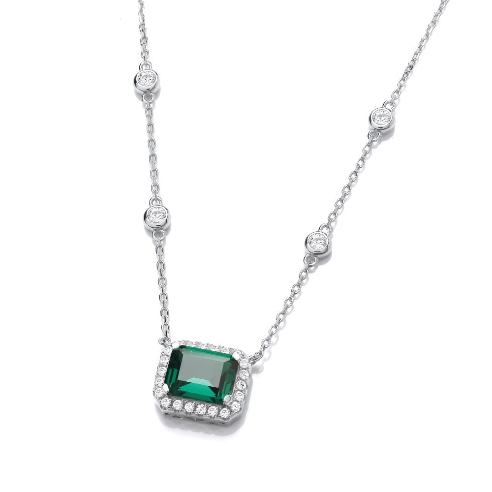 Sterling Silver Green Emerald Cut Halo Necklace