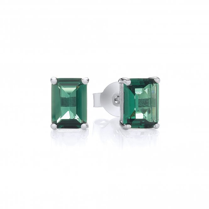 Sterling Silver Green Emerald Cut Solitaire Stud Earrings