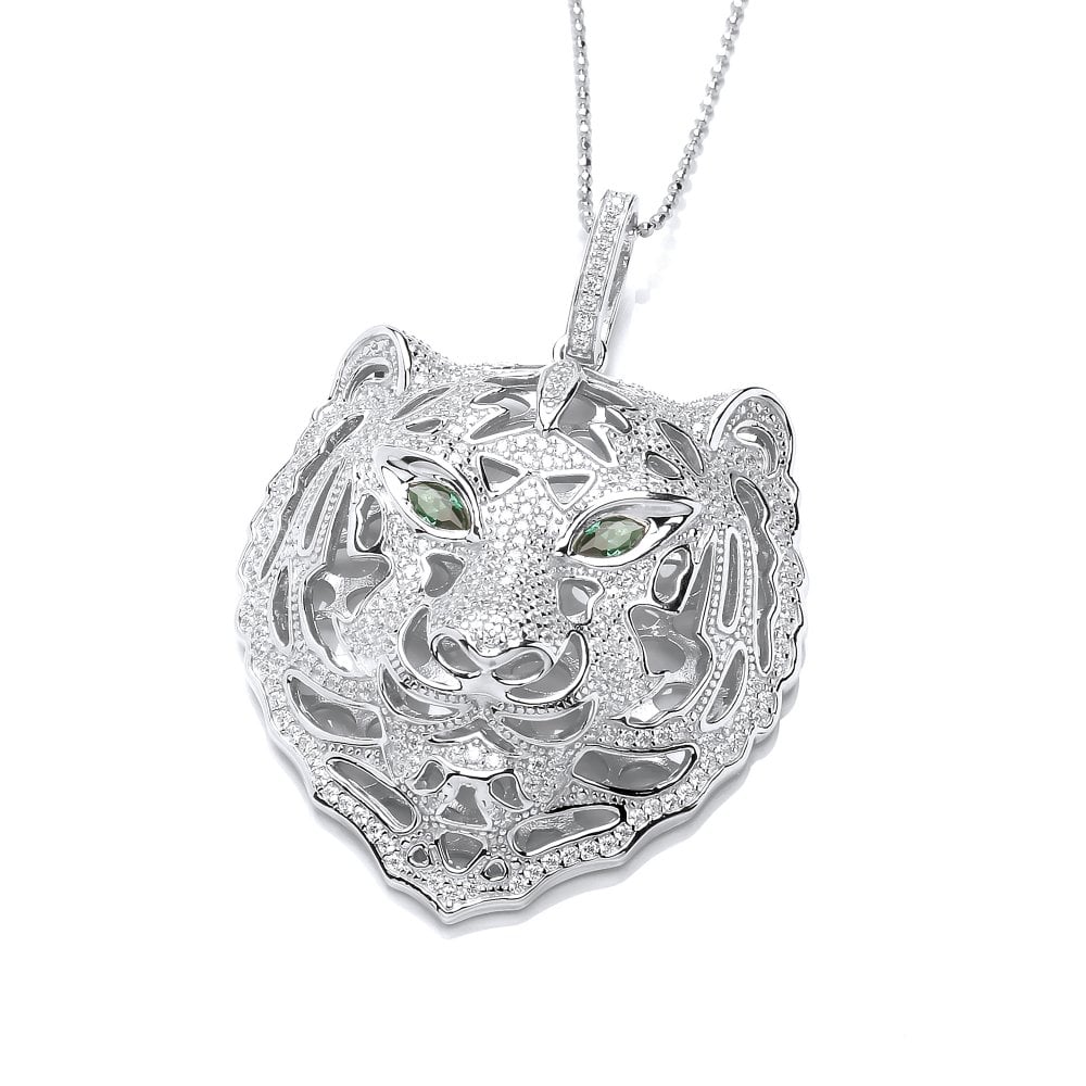 Sterling Silver Green Eyes Tiger Necklace Created With Swarovski Zirconia