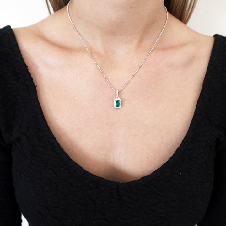 Sterling Silver Green Octagon Cut Halo Pendant & Chain Created with Swarovski Zirconia