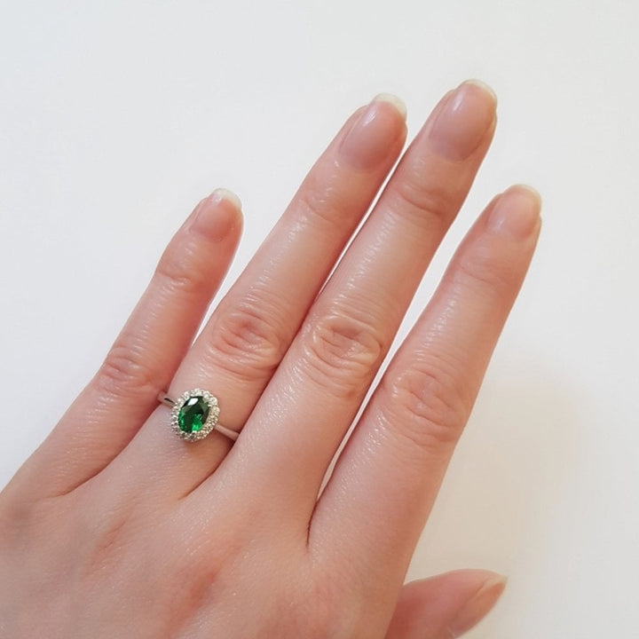 Sterling Silver Green Oval Halo Ring Created with Swarovski Zirconia