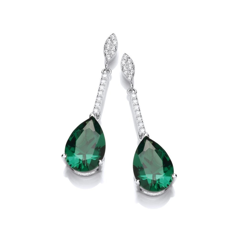 Sterling Silver Green Pear Cut Long Drop Earrings