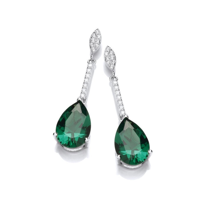 Sterling Silver Green Pear Cut Long Drop Earrings