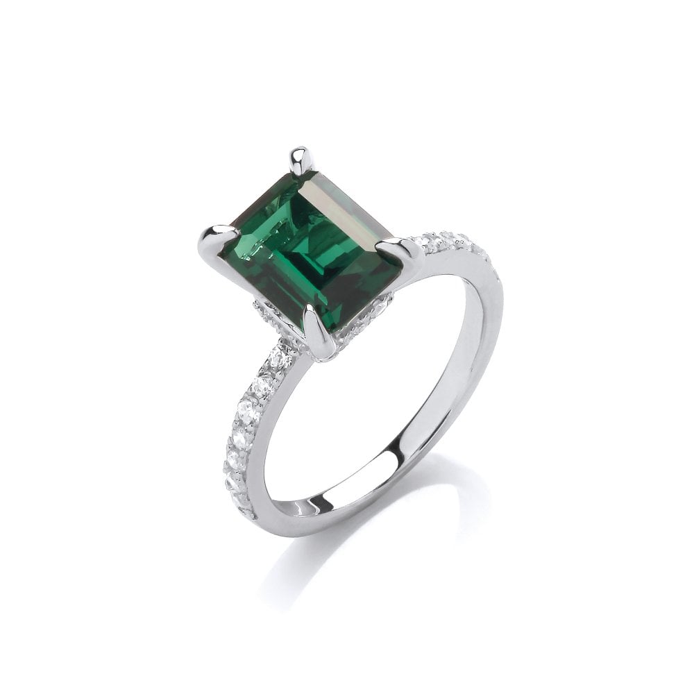 Sterling Silver Green Solitaire Emerald Cut Ring