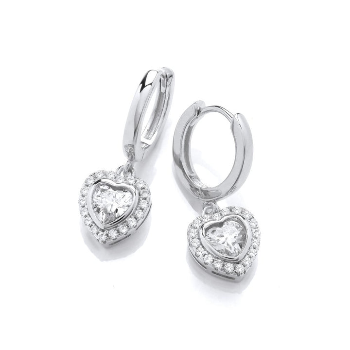 Sterling Silver Halo Heart Drop Hoop Earrings