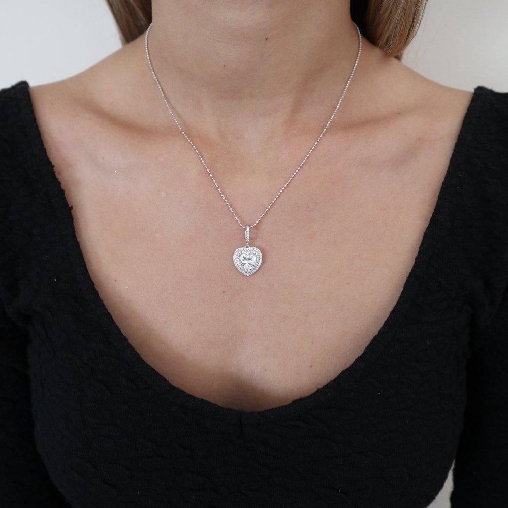 Sterling Silver Halo Heart Pendant & Chain Created with Swarovski Zirconia