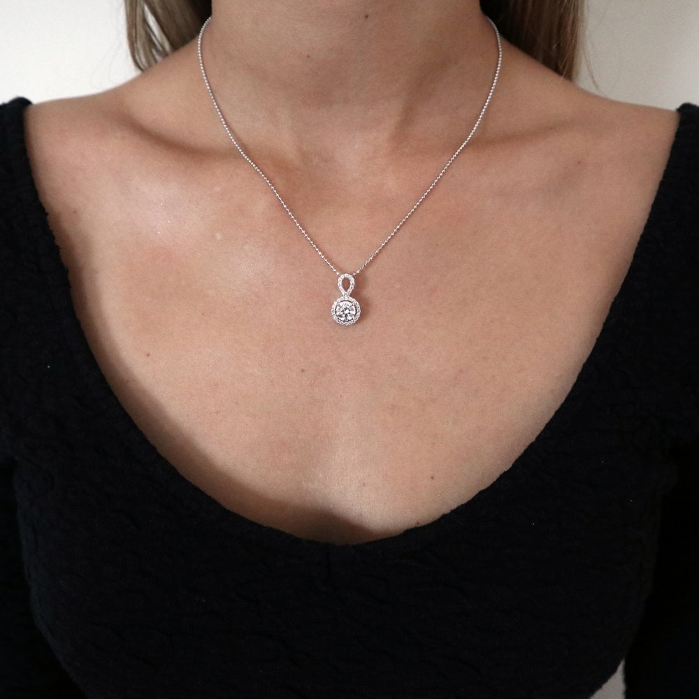 Sterling Silver Halo & Loop Pendant & Chain Created with Swarovski Zirconia