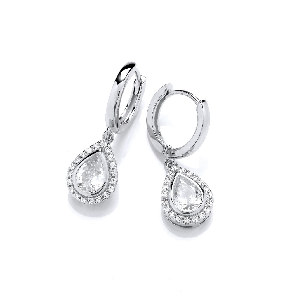 Sterling Silver Halo Pear Shaped Drop Hoop Earrings