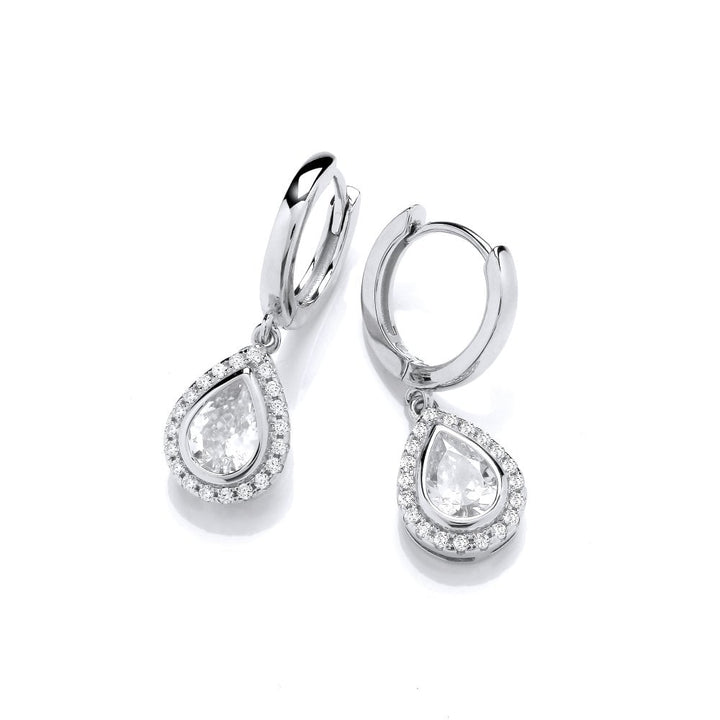 Sterling Silver Halo Pear Shaped Drop Hoop Earrings