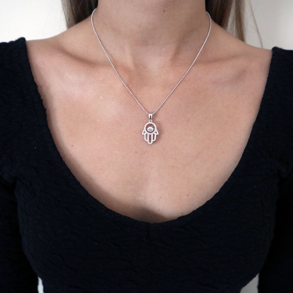 Sterling Silver Hamsa Floating Stone Necklace Created With Swarovski Zirconia