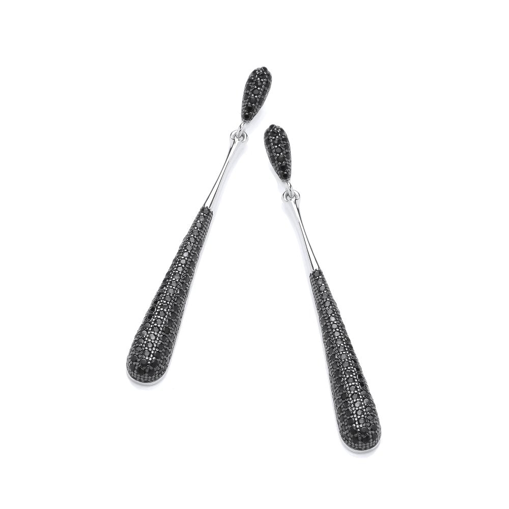 Sterling Silver Long Drop Black Pave Earrings