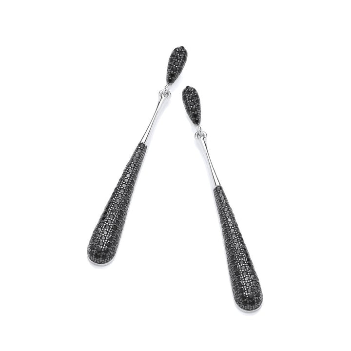 Sterling Silver Long Drop Black Pave Earrings