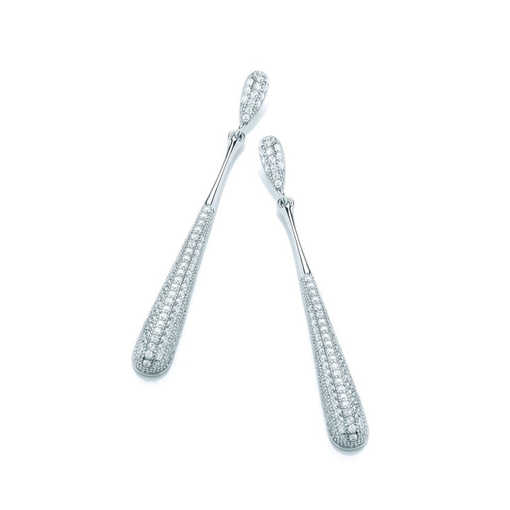 Sterling Silver Long Drop Pave Earrings