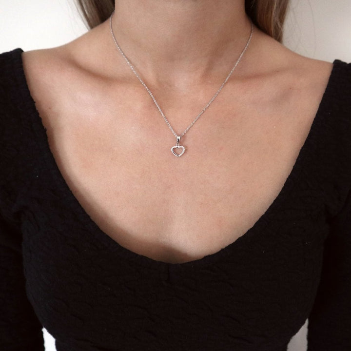 Sterling Silver Mini Hollow Heart Pendant & Chain Created with Swarovski Zirconia