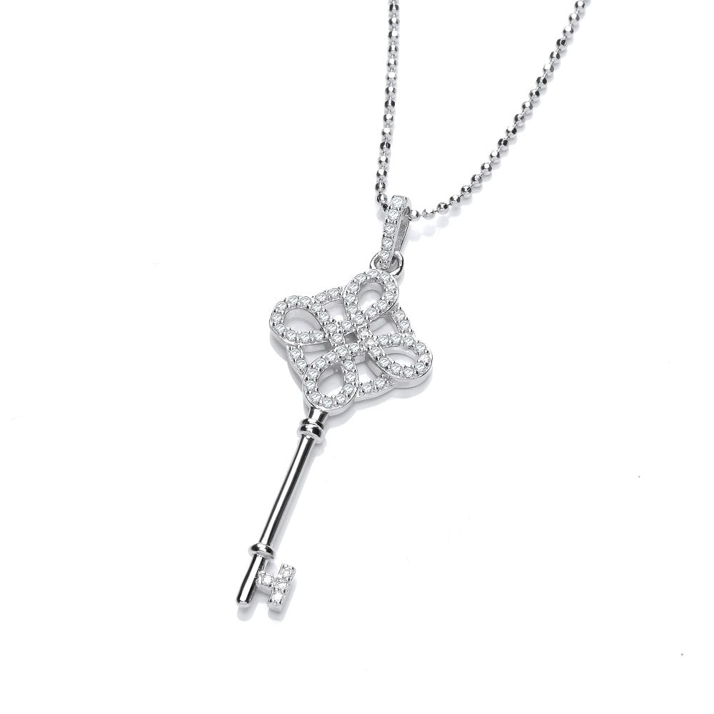 Sterling Silver Ornate Key Pendant & Chain Created with Swarovski Zirconia