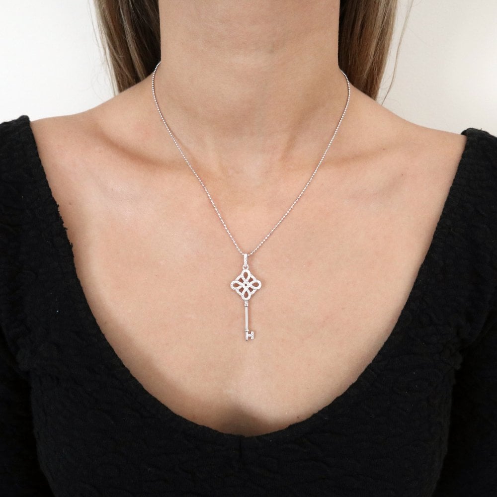 Sterling Silver Ornate Key Pendant & Chain Created with Swarovski Zirconia
