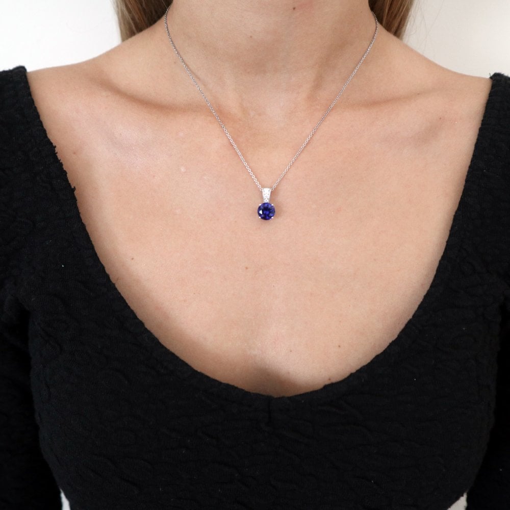 Sterling Silver Ornately Set Blue Solitaire Pendant & Chain Created with Swarovski Zirconia