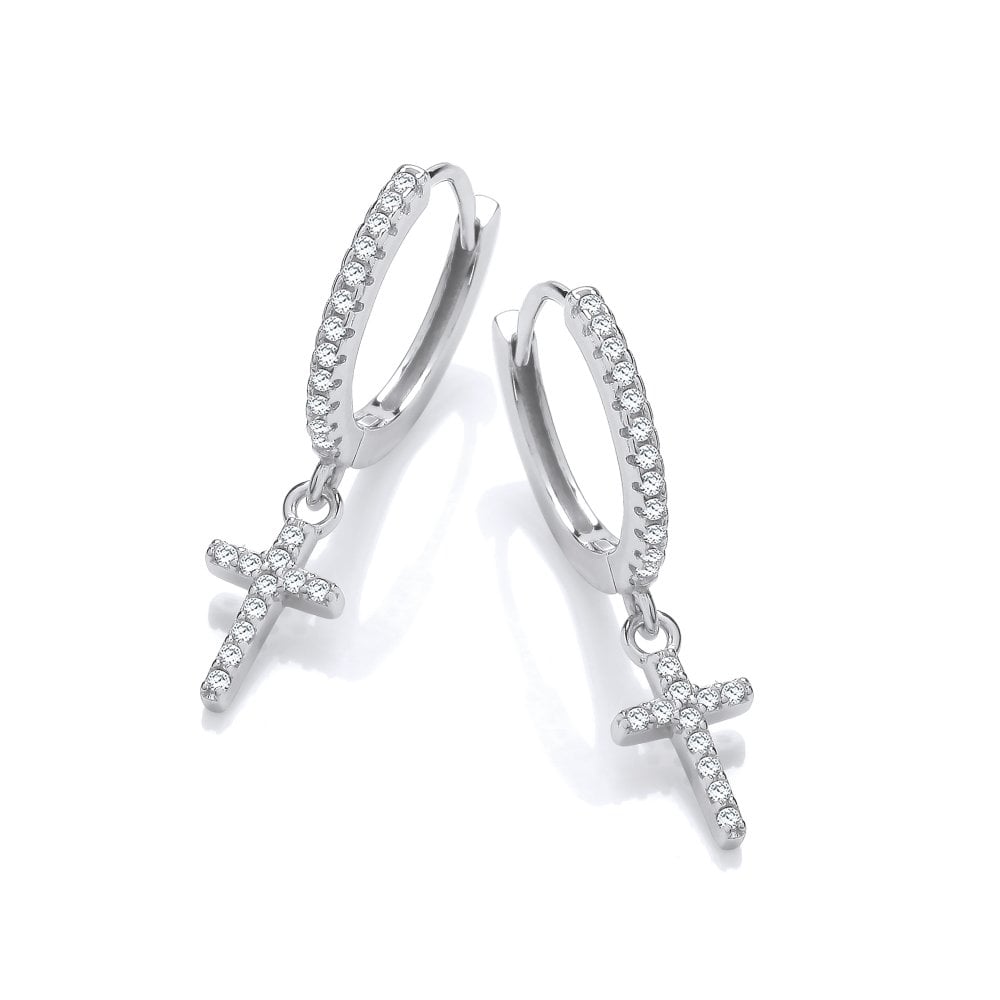 Sterling Silver Pave Cross Hoop Earrings Created with Swarovski Zirconia