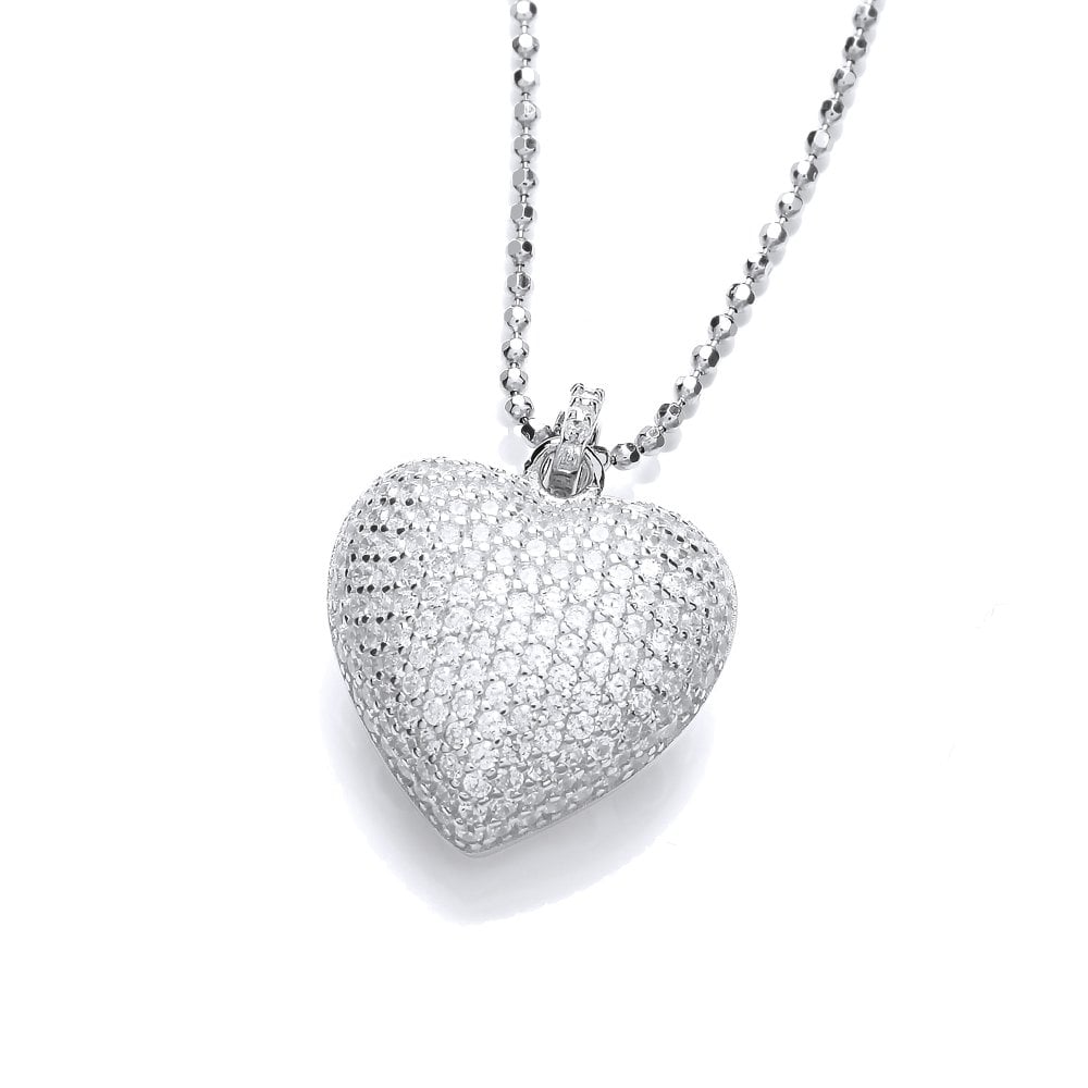 Sterling Silver Pave Puffed Heart Pendant Chain Created with