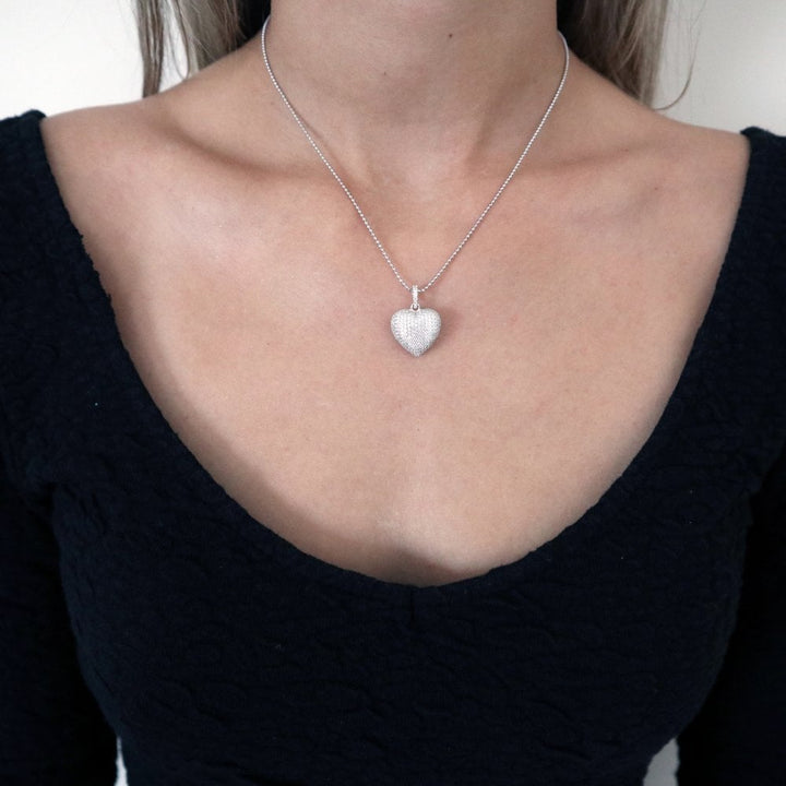 Sterling Silver Pave Puffed Heart Pendant & Chain Created with Swarovski Zirconia