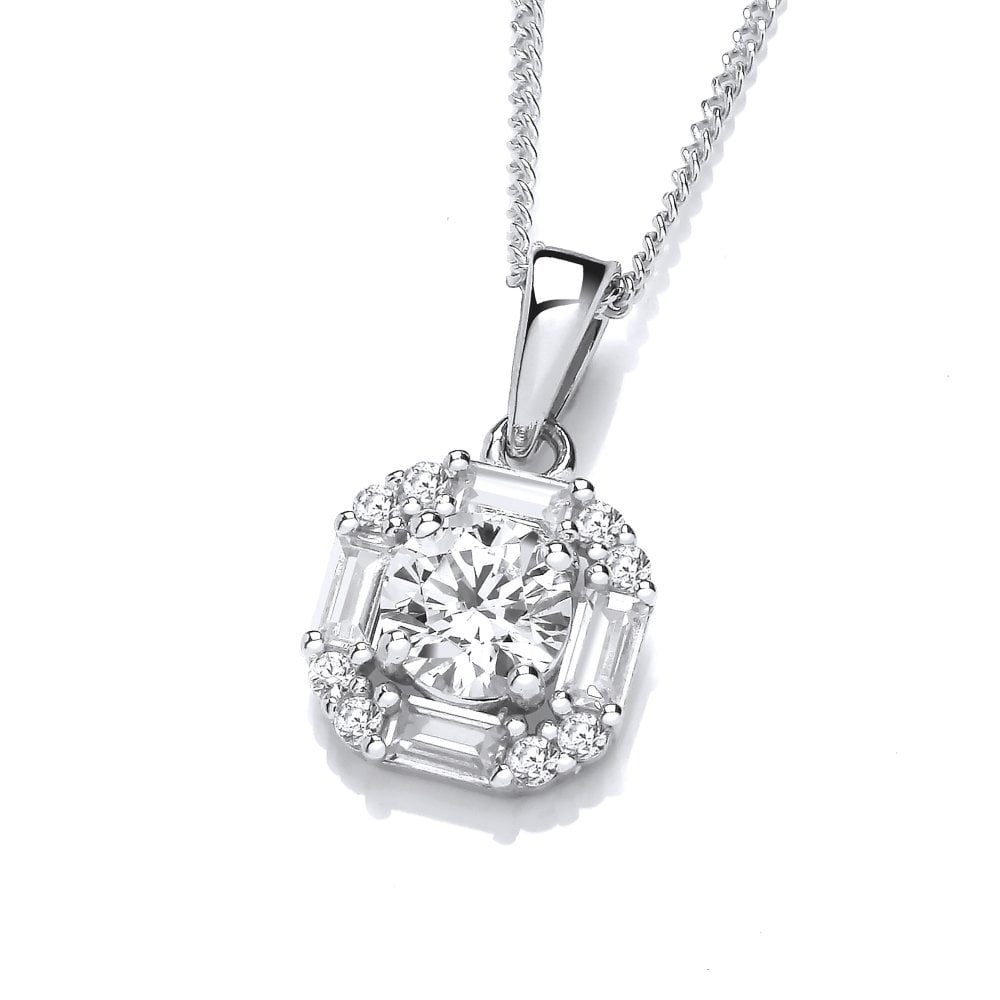 Sterling Silver Round & Baguette Halo Pendant & Chain