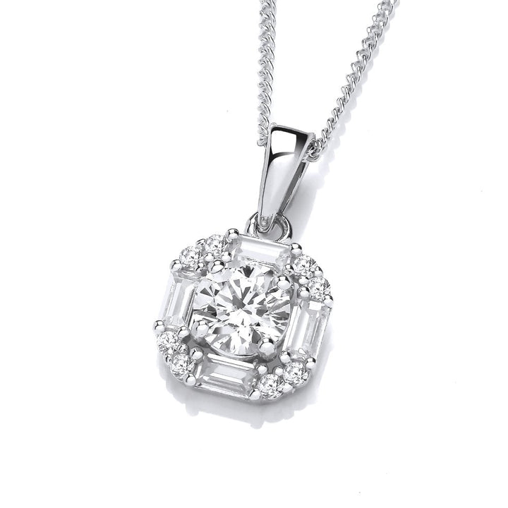 Sterling Silver Round & Baguette Halo Pendant & Chain