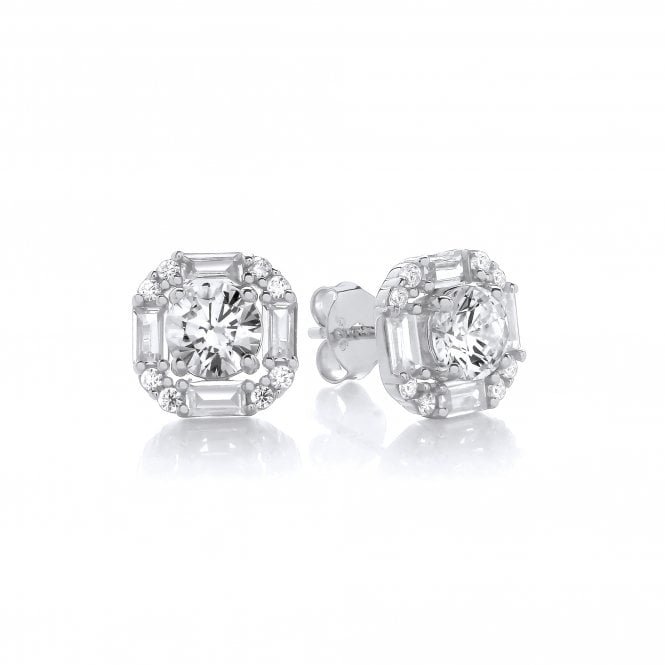 Sterling Silver Round & Baguette Halo Stud Earrings