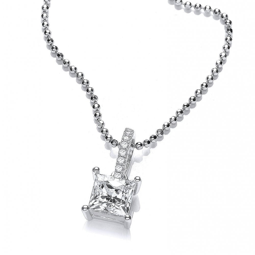 Sterling Silver Solitaire Classic Square Pendant & Chain Created with Swarovski Zirconia