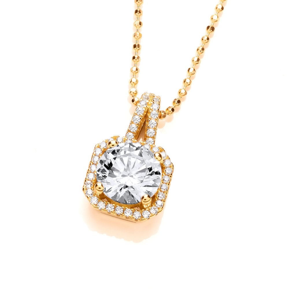 Sterling Silver & Yellow Gold Plated Ornate Square Cluster Pendant & Chain Created with Swarovski Zirconia