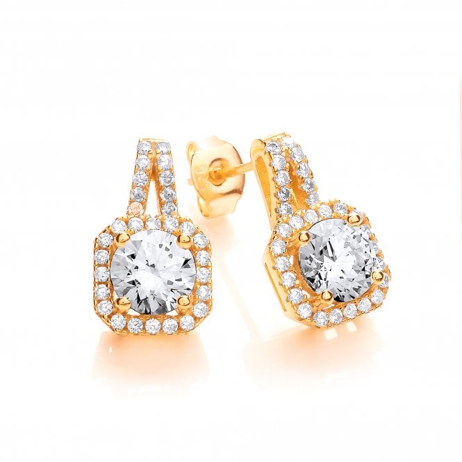 Sterling Silver & Yellow Gold Plated Ornate Square Cluster Stud Earrings Created with Swarovski Zirconia