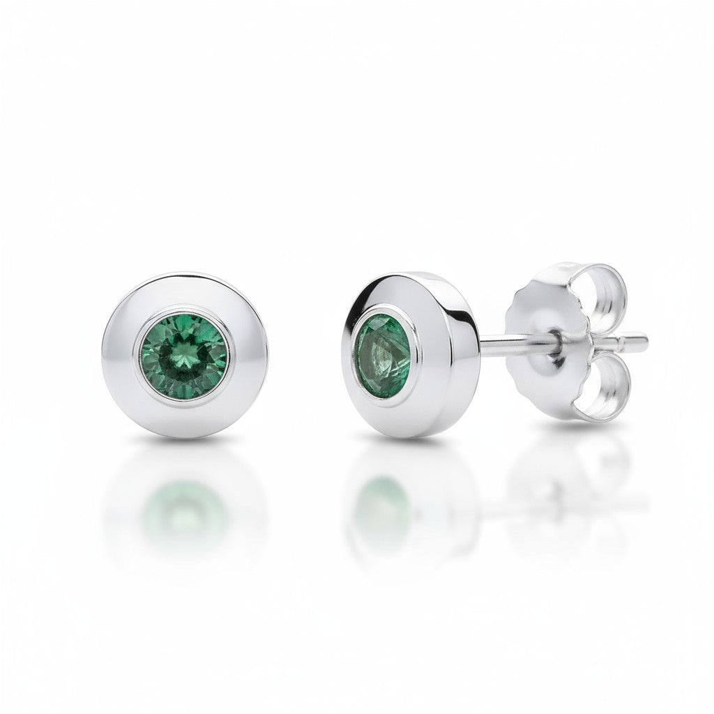 Sterling Silver Bezel Set Real Emerald Earrings