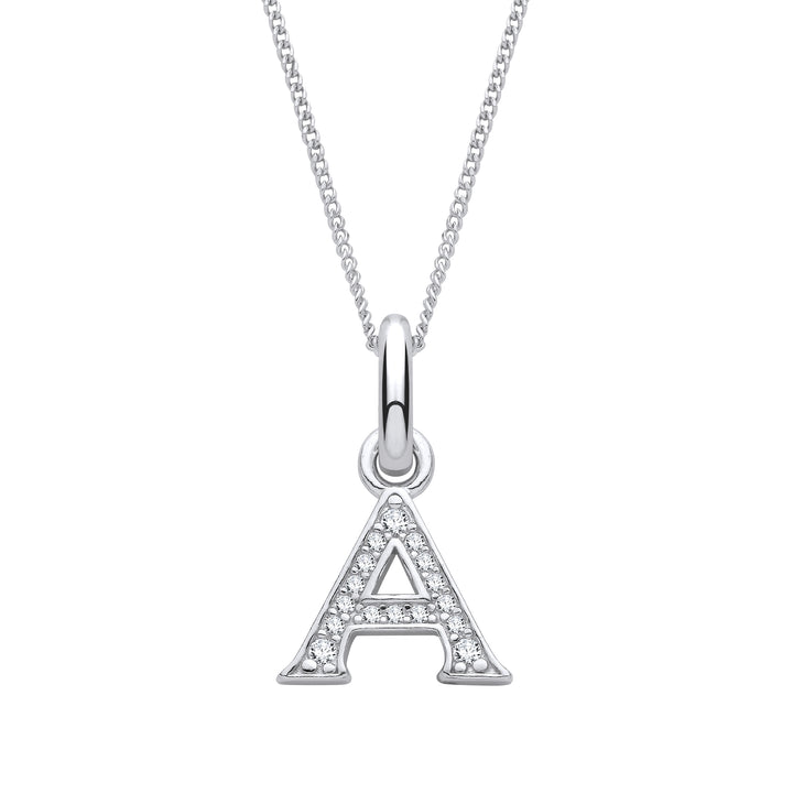 Sterling Silver & Cubic Zirconia Letter A with a 1mm Sterling Silver Curb Chain