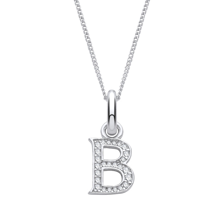 Sterling Silver & Cubic Zirconia Letter B with a 1mm Sterling Silver Curb Chain