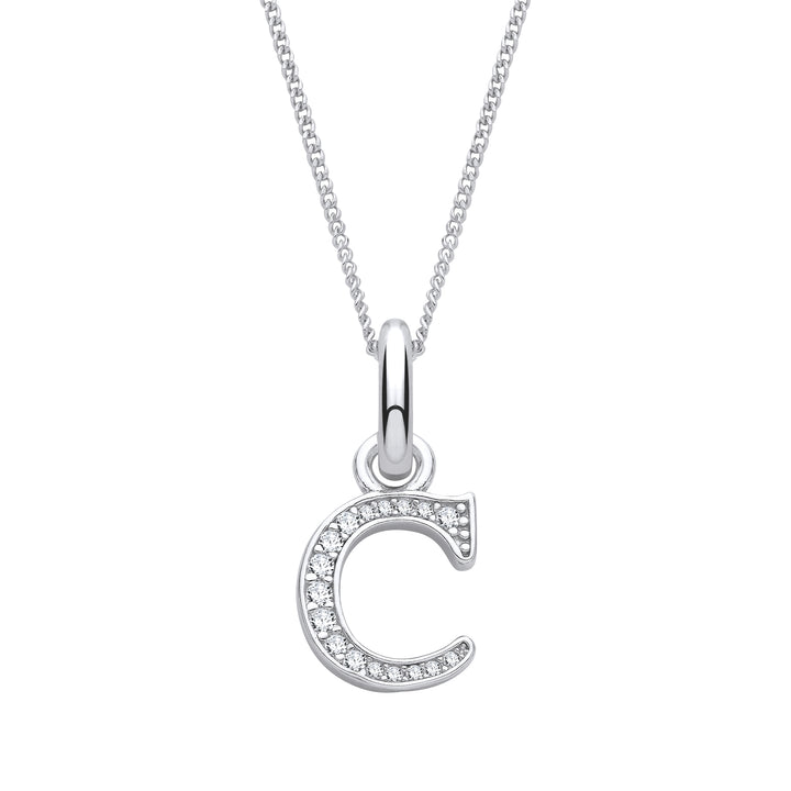 Sterling Silver & Cubic Zirconia Letter C with a 1mm Sterling Silver Curb Chain