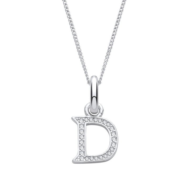 Sterling Silver & Cubic Zirconia Letter D with a 1mm Sterling Silver Curb Chain