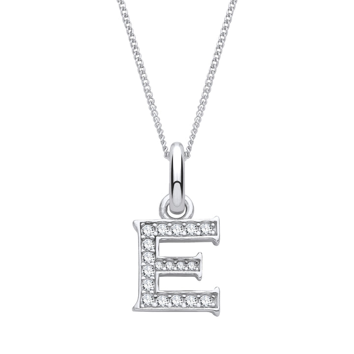 Sterling Silver & Cubic Zirconia Letter E with a 1mm Sterling Silver Curb Chain