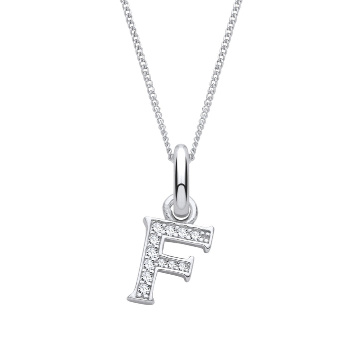 Sterling Silver & Cubic Zirconia Letter F with a 1mm Sterling Silver Curb Chain