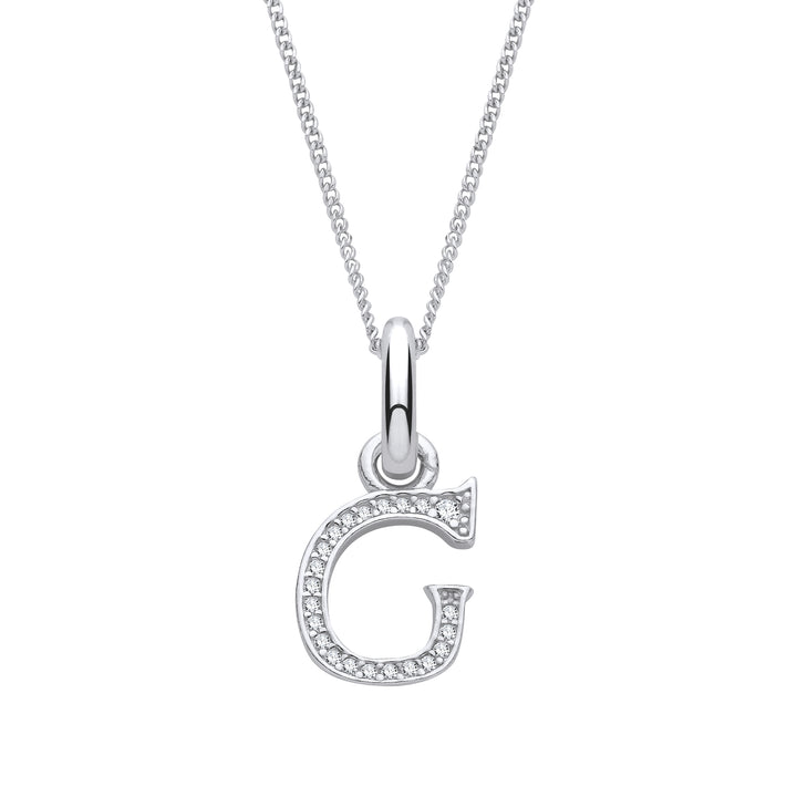 Sterling Silver & Cubic Zirconia Letter G with a 1mm Sterling Silver Curb Chain