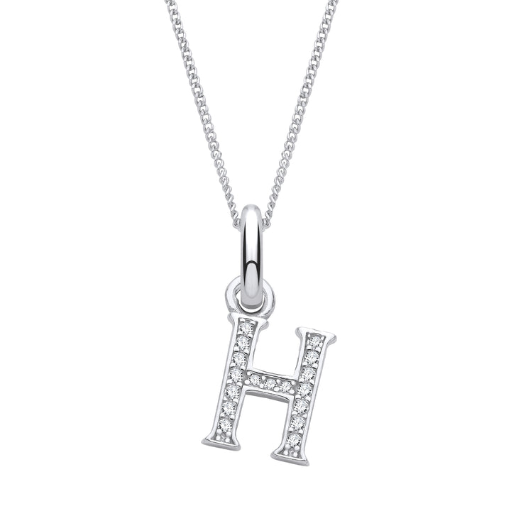 Sterling Silver & Cubic Zirconia Letter H with a 1mm Sterling Silver Curb Chain