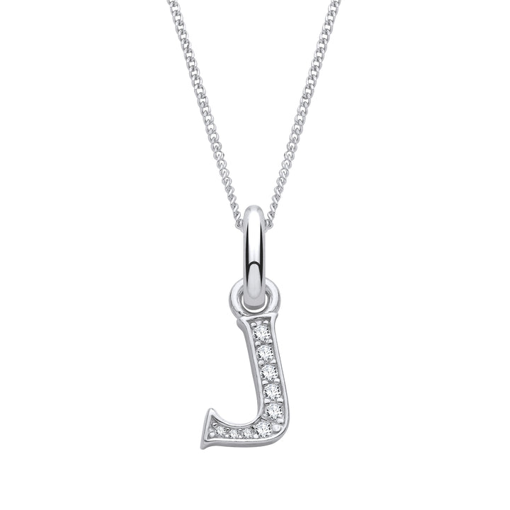Sterling Silver & Cubic Zirconia Letter J with a 1mm Sterling Silver Curb Chain