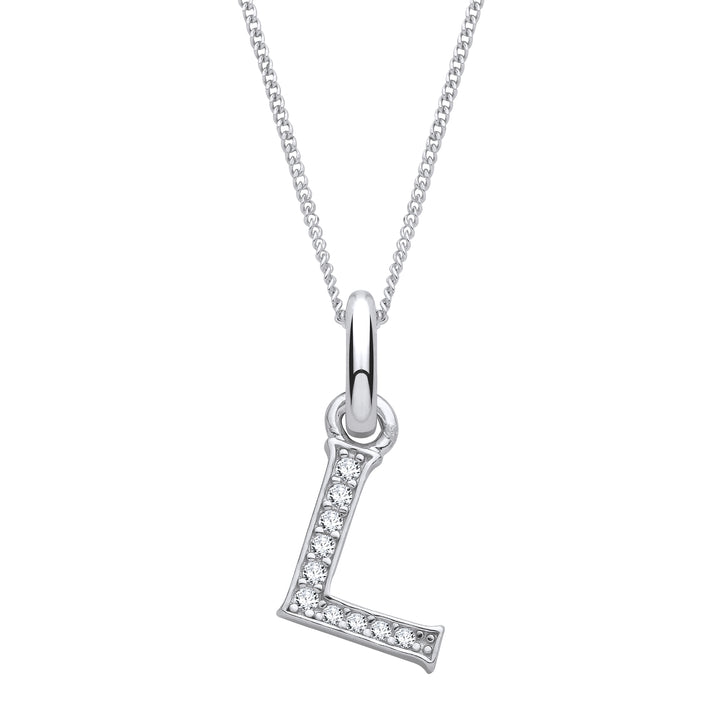 Sterling Silver & Cubic Zirconia Letter L with a 1mm Sterling Silver Curb Chain