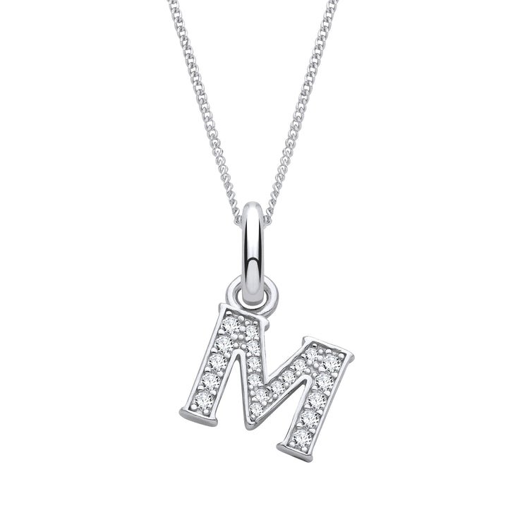Sterling Silver & Cubic Zirconia Letter M with a 1mm Sterling Silver Curb Chain