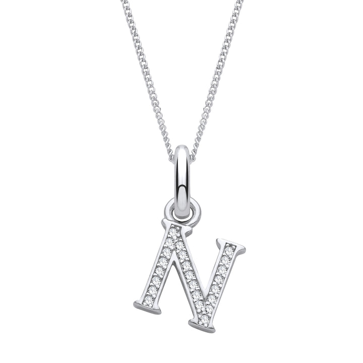 Sterling Silver & Cubic Zirconia Letter N with a 1mm Sterling Silver Curb Chain