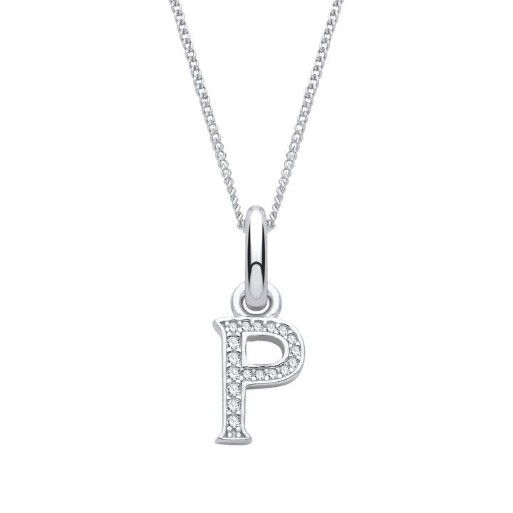 Sterling Silver & Cubic Zirconia Letter P with a 1mm Sterling Silver Curb Chain