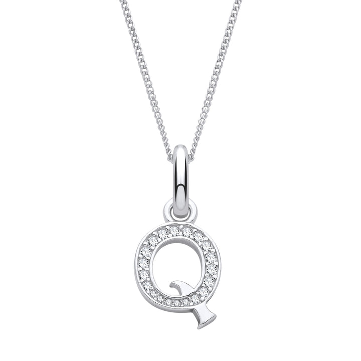 Sterling Silver & Cubic Zirconia Letter Q with a 1mm Sterling Silver Curb Chain
