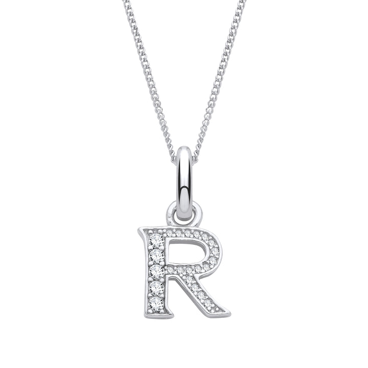 Sterling Silver & Cubic Zirconia Letter R with a 1mm Sterling Silver Curb Chain
