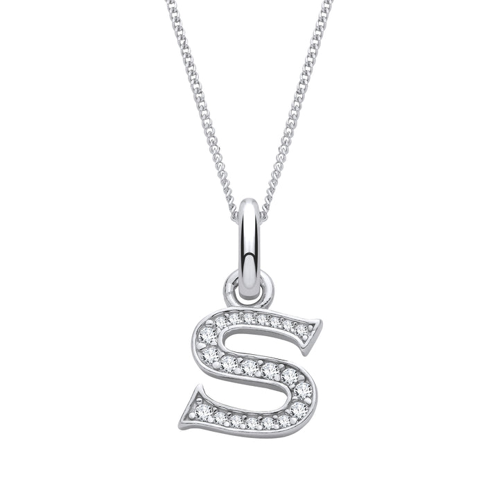 Sterling Silver & Cubic Zirconia Letter S with a 1mm Sterling Silver Curb Chain