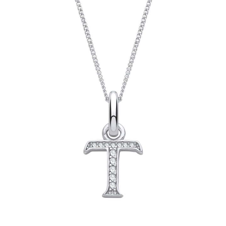 Sterling Silver & Cubic Zirconia Letter T with a 1mm Sterling Silver Curb Chain