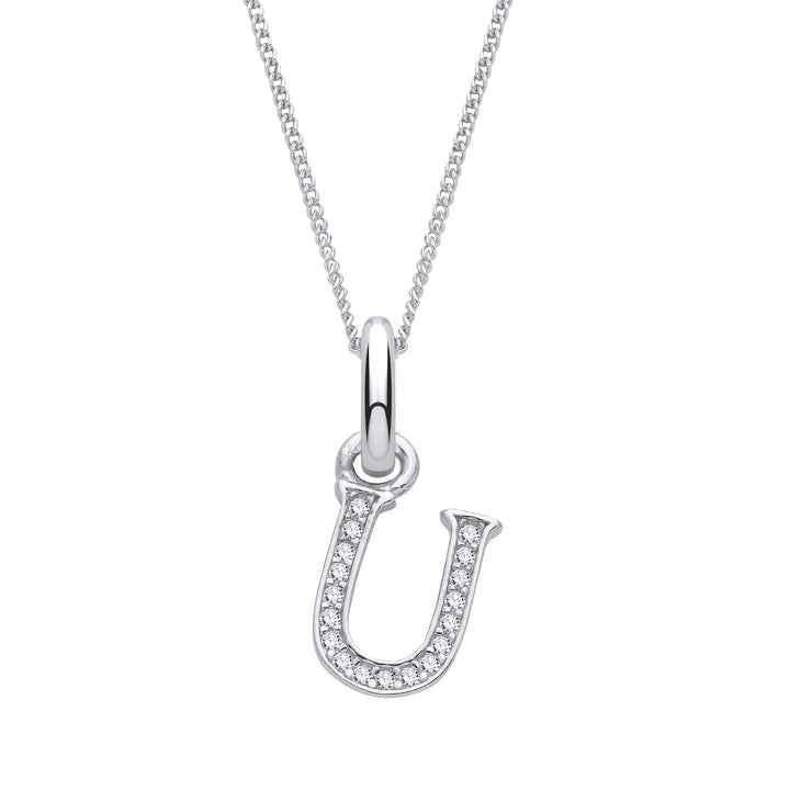 Sterling Silver & Cubic Zirconia Letter U with a 1mm Sterling Silver Curb Chain