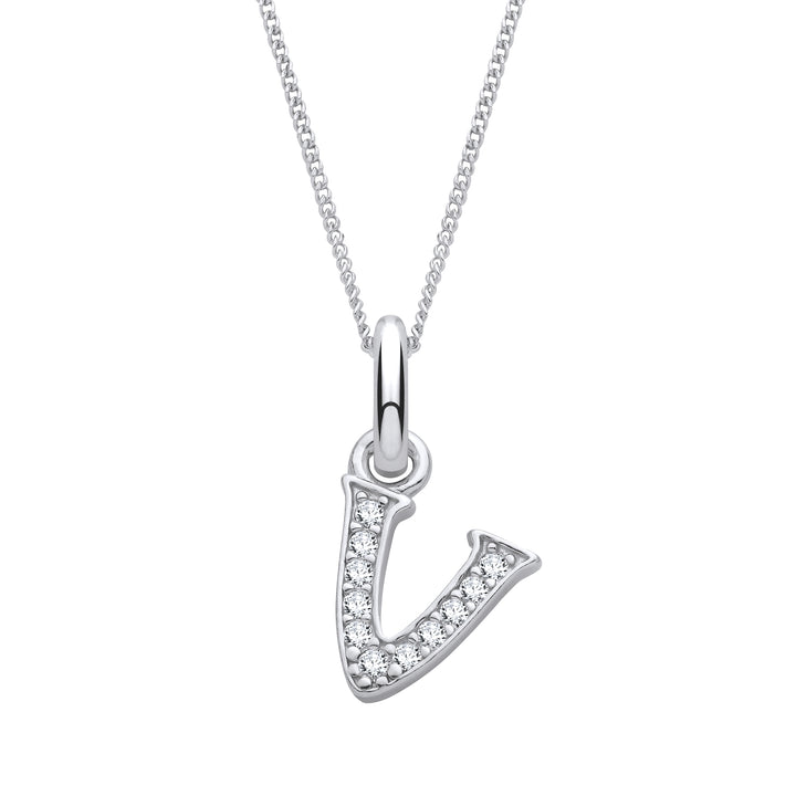 Sterling Silver & Cubic Zirconia Letter V with a 1mm Sterling Silver Curb Chain